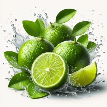 Tangy and fresh! Bright green limes, surrounded by dripping water, with vibrant leaves. Ideal for advertising all about freshness, enjoyment and exoticism.