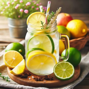 A refreshing glass with lemon and lime slices, mint leaves and a straw, framed by fresh fruit in a sunny garden.
