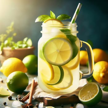 A refreshing glass with lemon and lime slices, mint leaves and a straw, framed by fresh fruit in a sunny garden.
