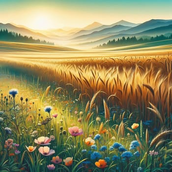 An idyllic landscape with colorful flowers, rolling hills, trees and a warm sunset. Perfect for nature, travel and wellness advertising.