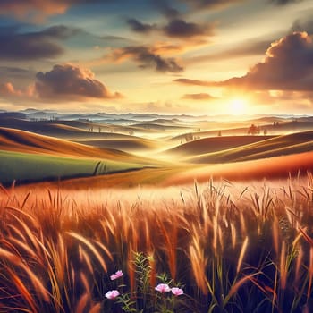 An idyllic landscape with colorful flowers, rolling hills, trees and a warm sunset. Perfect for nature, travel and wellness advertising.