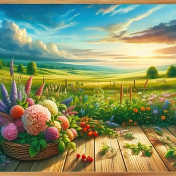 An idyllic landscape with colorful flowers, rolling hills, trees and a warm sunset. Perfect for nature, travel and wellness advertising.