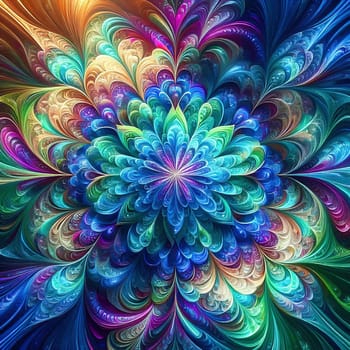 Abstract, colorful fractal art with flowing, wave-like patterns. Bright glass textures in blue, green and orange for modern designs and backgrounds.
