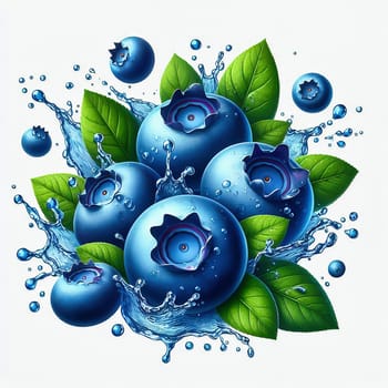 Fresh, blueberries with green leaves and drops of water in dynamic movement, emphasizing the freshness, liveliness and attractiveness of the fruit.