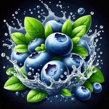 Fresh, blueberries with green leaves and drops of water in dynamic movement, emphasizing the freshness, liveliness and attractiveness of the fruit.