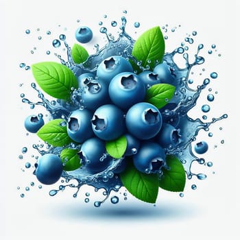 Fresh, blueberries with green leaves and drops of water in dynamic movement, emphasizing the freshness, liveliness and attractiveness of the fruit.