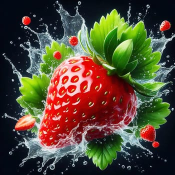 Fresh strawberry with green leaves, surrounded by splashing water. Vivid colors and dynamic movement make the image ideal for advertising and food marketing.