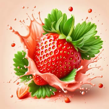 Fresh strawberry with green leaves, surrounded by splashing water. Vivid colors and dynamic movement make the image ideal for advertising and food marketing.