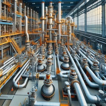 Futuristic industrial plant with complex pipelines, valves and towers, illuminated by warm sunlight. Technological infrastructure in perfection.