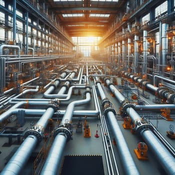 Futuristic industrial plant with complex pipelines, valves and towers, illuminated by warm sunlight. Technological infrastructure in perfection.