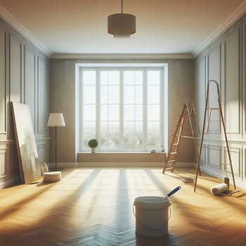 Bright, renovated room with large windows. Painter's ladder, paint bucket and tools indicate a creative makeover. Perfect for renovation themes!