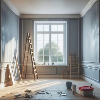 Bright, renovated room with large windows. Painter's ladder, paint bucket and tools indicate a creative makeover. Perfect for renovation themes!