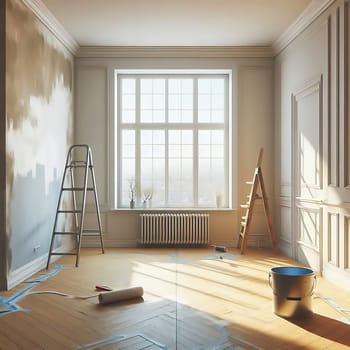 Bright, renovated room with large windows. Painter's ladder, paint bucket and tools indicate a creative makeover. Perfect for renovation themes!
