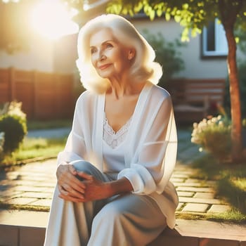 Senior woman in white blouse and trousers, surrounded by nature in the golden sunlight. Perfect for themes such as fashion, summer, freedom and naturalness!