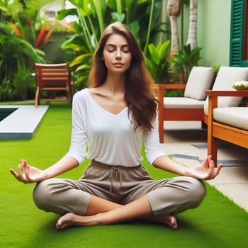 A moment of peace: a young woman meditates cross-legged in the greenery, surrounded by plants and flower pots. Ideal for advertising wellness, nature and mindfulness.