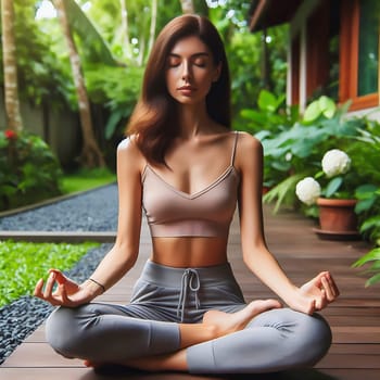 A moment of peace: a young woman meditates cross-legged in the greenery, surrounded by plants and flower pots. Ideal for advertising wellness, nature and mindfulness.