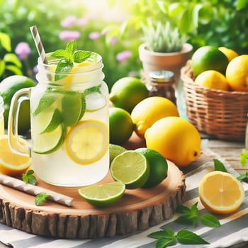 A refreshing glass with lemon and lime slices, mint leaves and a straw, framed by fresh fruit in a sunny garden.