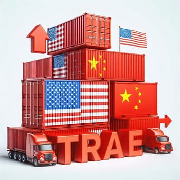Container with flags of the USA and China. “TRADE” symbolizes international trade, growth and customs duties. Perfect for business images!