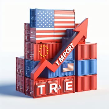 Container with flags of the USA and the EU. “TRADE” symbolizes international trade, growth and customs duties. Perfect for business images!