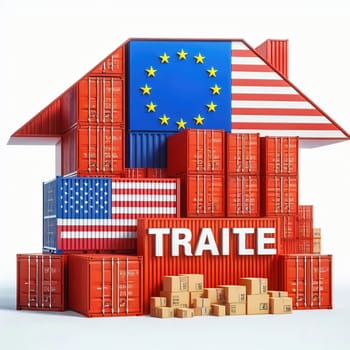 Container with flags of the USA and the EU. “TRADE” symbolizes international trade, growth and customs duties. Perfect for business images!