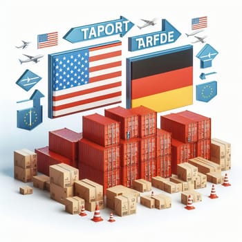 Container with flags of the USA and Germany. “TRADE” symbolizes international trade, growth and customs duties. Perfect for business pictures!