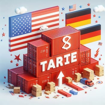 Container with flags of the USA and Germany. “TRADE” symbolizes international trade, growth and customs duties. Perfect for business pictures!