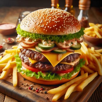 Juicy cheeseburger with crispy lettuce, tomatoes, gherkins and caramelized onions, served with golden fries on a rustic wooden board.