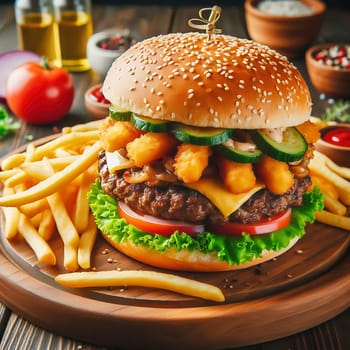 Juicy cheeseburger with crispy lettuce, tomatoes, gherkins and caramelized onions, served with golden fries on a rustic wooden board.