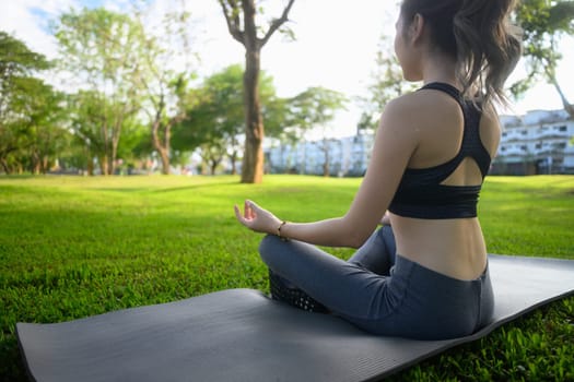 Rear view of a woman meditating in lotus position on a yoga mat in a peaceful green park.