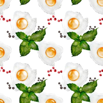 Watercolor seamless pattern with fried eggs. Hand drawn on white background. Ideal for restaurant menus, food packaging and cookbooks. High quality photo