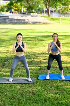 Active women doing squats together on yoga mats in a sunny park.