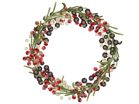 Peppercorns round frame watercolor. Illustration of spices. Hand drawn dried black, white and pink pepper with rosemary. Clip art on a white background of hot spices. Ideal for cookbooks, menus and organic product packaging. High quality photo