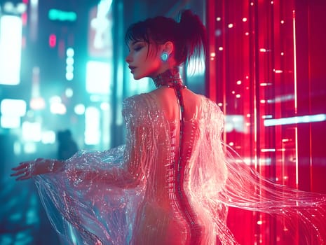AI-generated image of a futuristic woman in a glowing cityscape, wearing a transparent high-tech dress and cyberpunk hairstyle. Elegant, surreal and full of neon atmosphere.