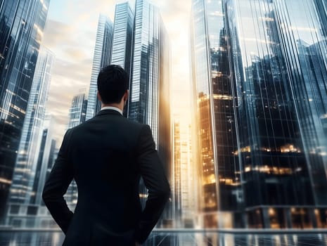 AI-generated image of a businessman in a suit staring at a futuristic skyline filled with glass skyscrapers. Concept of ambition, leadership, opportunity and success in a modern urban setting.