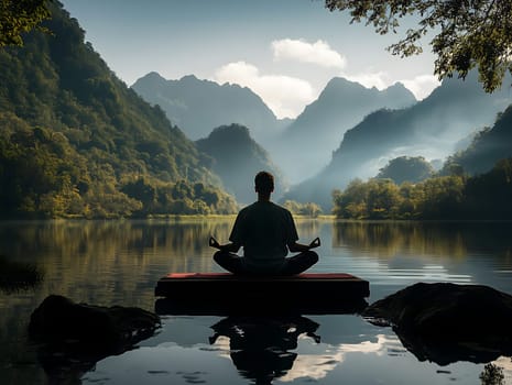AI-generated image of a person meditating on a platform by a calm lake, surrounded by mountains at sunrise. Peaceful scene reflecting mindfulness, nature, and inner balance in a tranquil landscape.