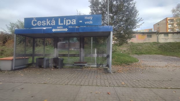 Ceska Lipa Czech Republic Europe Bus stop shelter sign objects street building architecture station travel transport shotlisttravel outdoor sign . High quality photo editorial