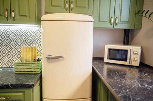 Light beige refrigerator and microwave and green kitchen cabinets. Kitchen detail with countertop, microwave oven. Minimalist kitchen detail.