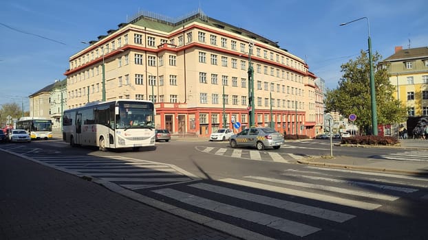 Liberec Czech Republic Europe October 18 2024 - City intersection bus building architecture street transport shotlisttravel outdoor hotel apartment travel tourism summer day place destination objects road . High quality photo
