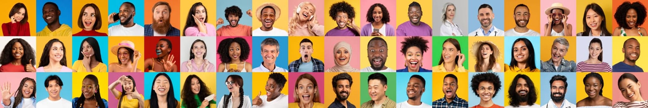 A vibrant collection of diverse individuals showcases a variety of expressions against colorful backgrounds. Each portrait reflects joy and the beauty of diversity in everyday life.