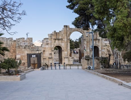 Jerash, Jordan - 11 November 2024: South Gate in the City Walls is also the ticket office for the Greco-Roman city