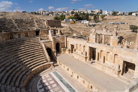 View from the high seats towards the stage of North Theater in Jerash, a Greco-Roman well preserved city in Jordan