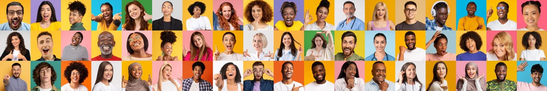 A lively collage showcases diverse individuals smiling and expressing joy against bright and colorful backgrounds. The collection highlights the beauty of multiracial and multiethnic identities.