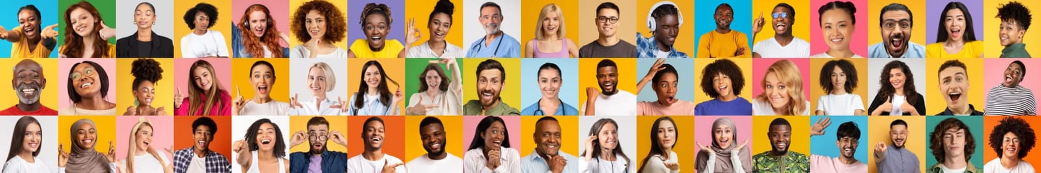 A vibrant collection of diverse individuals showcasing various expressions of happiness against bright backgrounds. This set highlights the beauty of multiracial lifestyles in unison.