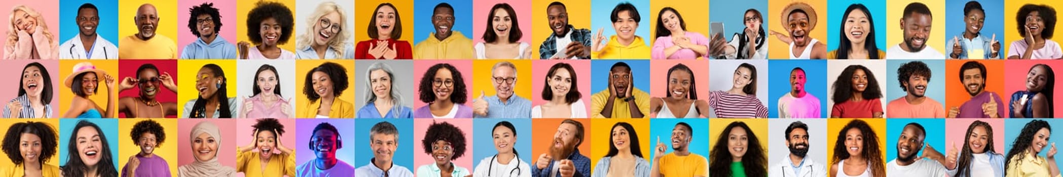 Smiling faces of diverse individuals are arranged in a colorful collage. This lively collection reflects multiracial backgrounds and celebrates inclusivity and variety in daily life.