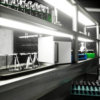 Hospital lab station with sterile vials and glass flasks placed on metallic shelves. Medical equipment used for clinical diagnostics, sample analysis and research workflows, 3D render