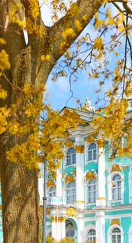 the incredibly picturesque facade of the Winter Palace through the branches of trees on a clear spring day, the heritage of Russia, the most famous landmark of St. Petersburg, the museum. High quality photo
