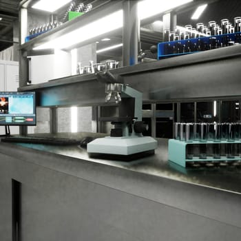 Hospital lab with sterile test tubes and glass vials prepared for sample analysis in clinical setting. Advanced medical environment used for patient testing and research procedures, 3D render