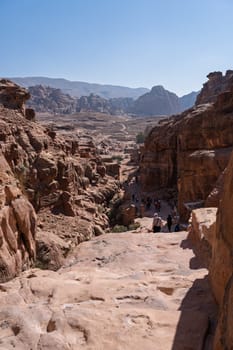 View down the trail to Ad Deir or the Monastery to the rest of the Petra site and temples