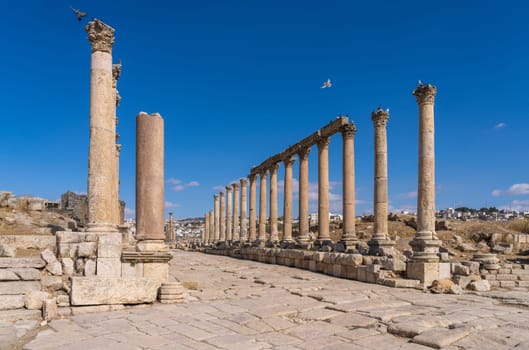 Columns line the Cardo Maximus, the main street in Jerash, a Greco-Roman well preserved city in Jordan