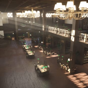Spacious vintage library with tall wooden bookshelves, chandeliers and rows of desks illuminated by green lamps. Warm study room interior with soft natural light creating calm space for reading